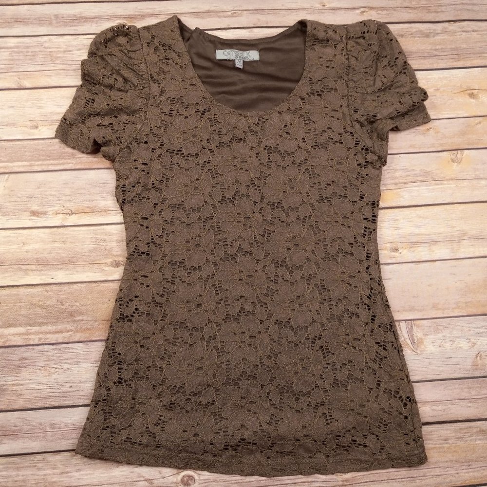 Catwalk Studio Medium Eyelet Semi Sheer Top Fully Lined Olive Green